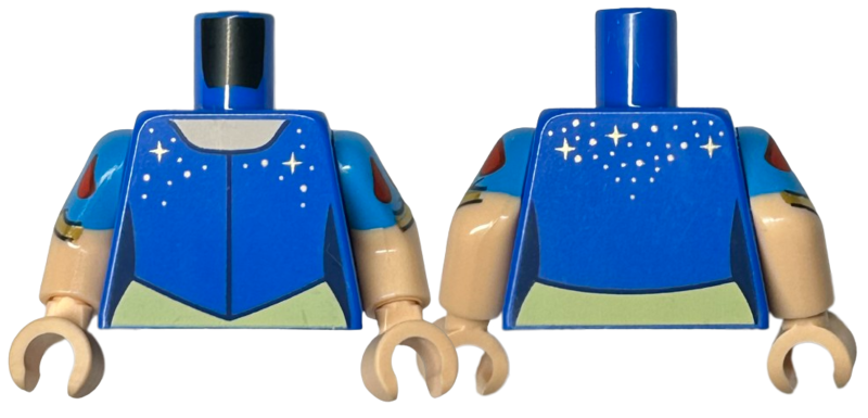 Torso Dress with Gold Sparkles and Dots and Bright Light Yellow Skirt, Light Nougat Neck Pattern / Light Nougat Arms with Molded Dark Azure Short Sleeves and Printed Red Drops and Gold Straps Pattern / Light Nougat Hands