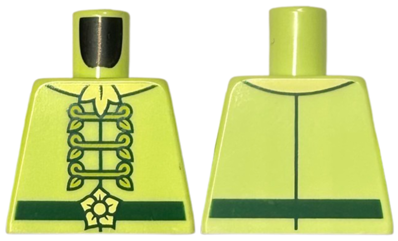 Torso Jacket with Lime Leaf Fasteners, Dark Green Belt with Bright Light Yellow Flower, Ascot Pattern