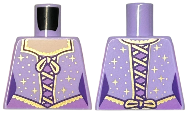 Torso Corset Top with Gold Laces, Trim, Bows, Sparkles, and Dots over Medium Lavender Dress, Light Nougat Neck Pattern