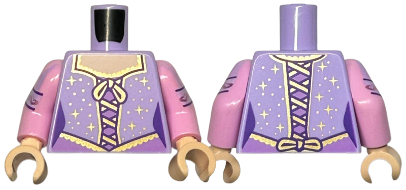 Torso Corset Top with Gold Laces, Trim, Bows, Sparkles, and Dots over Medium Lavender Dress, Light Nougat Neck Pattern / Bright Pink Arms with Lavender Straps with Metallic Pink Filigree Pattern / Light Nougat Hands