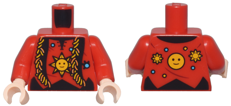 Torso Shirt with Bright Light Orange Sun and Dark Azure Dots over Black Undershirt, Scarf with Fringe Pattern / Red Arms / Light Nougat Hands