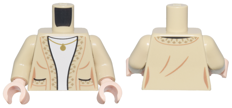 Torso Female Cardigan Sweater Open with Pockets and Dark Tan Stars over White Shirt, Gold Pendant Necklace Pattern / Tan Arms / Light Nougat Hands