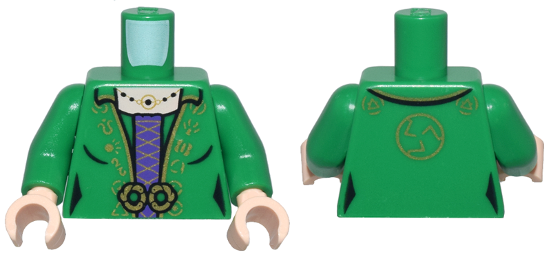 Torso Female Robe with Gold Trim, Symbols, and Circle Clasps over Dark Purple Dress with Laces, Necklace with Black Beads, Light Nougat Neck Pattern / Green Arms / Light Nougat Hands