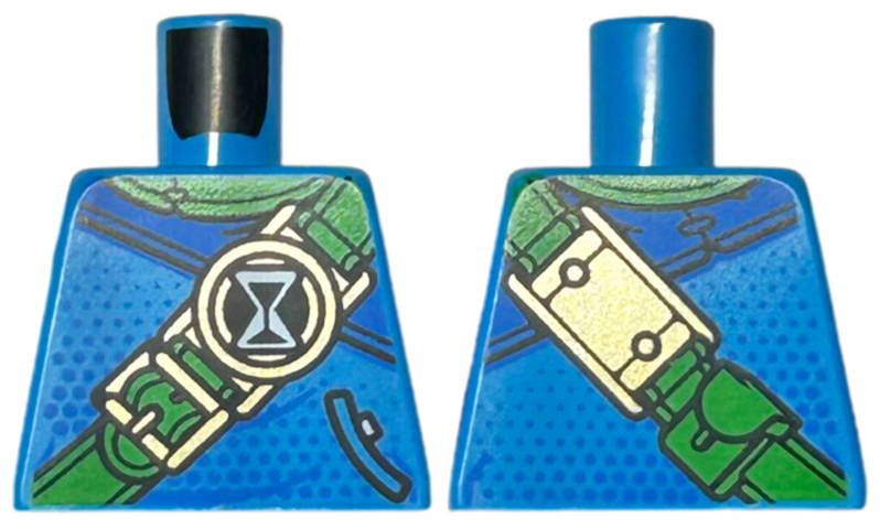 Torso Robe with Blue Shoulder and Dots, Bright Green Neck and Strap with Hourglass and Gold Buckles, Pocket with Black Outline Pattern