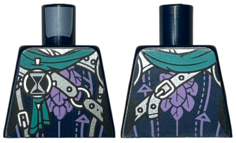 Torso Robe with Medium Lavender Leaves, Arrows and Stitching, Dark Turquoise Scarf, Silver Armor Plates, Belt, Buckles and Hourglass Pattern