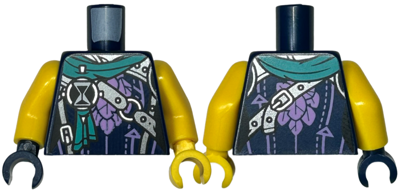 Torso Robe with Medium Lavender Leaves, Arrows and Stitching, Dark Turquoise Scarf, Silver Armor Plates, Belt, Buckles and Hourglass Pattern / Yellow Arms / Yellow Hand Left / Dark Blue Hand Right