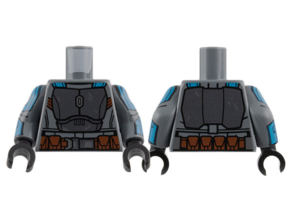 Torso SW Mandalorian Dark Silver Armor Plates, Dark Azure Straps, Reddish Brown Utility Belt with Pouches and Silver Buckle Pattern / Dark Bluish Gray Arms with Dark Azure Shoulders and Cuffs, Black Nite Owl Logo Pattern / Black Hands
