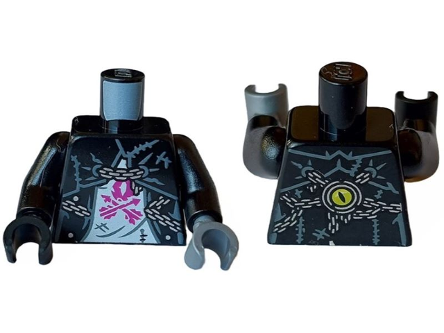 Torso Jacket with Dark Bluish Gray Lines and Silver Chains over White Shirt with Magenta Arrows, Yellow Eye on Back Pattern / Black Arms / Flat Silver Hand Left / Black Hand Right