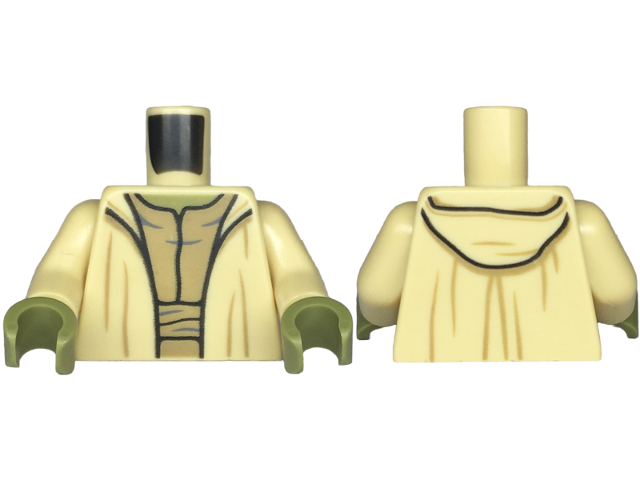 Torso SW Robe Open with Hood and Small Creases over Dark Tan Layered Shirt, Olive Green Neck Pattern / Tan Arms / Olive Green Hands