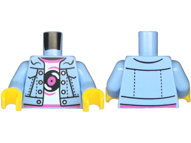 Torso Denim Jacket Open with Silver Buttons over White Shirt with Dark Pink Hems and Black Record Pattern / Bright Light Blue Arms / Yellow Hands