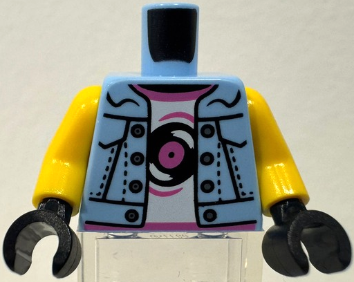 Torso Denim Jacket Open with Silver Buttons over White Shirt with Dark Pink Hems and Black Record Pattern / Yellow Arms / Black Hands (BAM)