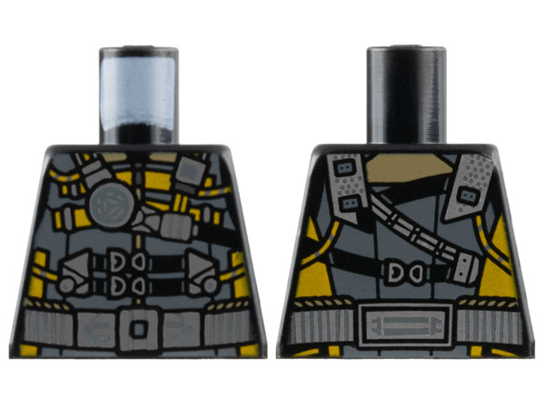 Torso Dark Bluish Gray Tactical Vest with Bright Light Orange Trim, Silver Shoulder Straps, Clasps, and Belt, Metallic Light Blue Arc Reactor Pattern