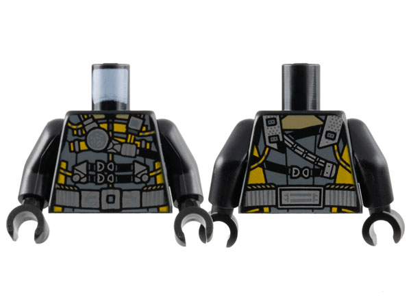 Torso Dark Bluish Gray Tactical Vest with Bright Light Orange Trim, Silver Shoulder Straps, Clasps, and Belt, Metallic Light Blue Arc Reactor Pattern / Black Arms / Black Hands