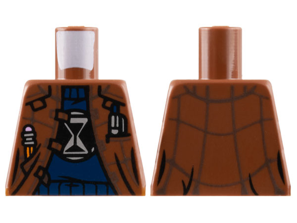 Torso Jacket Open with Dark Brown Lines over Dark Blue Sweater with Silver and Black Hourglass Logo, Pencil and Pen in Pockets Pattern