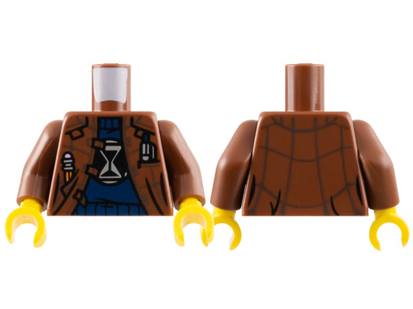 Torso Jacket Open with Dark Brown Lines over Dark Blue Sweater with Silver and Black Hourglass Logo, Pencil and Pen in Pockets Pattern / Reddish Brown Arms / Yellow Hands