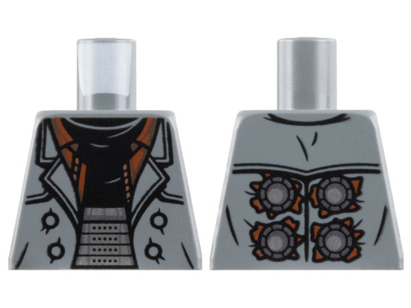 Torso Trench Coat Open with Reddish Brown Lining over Black Shirt, Silver Armor Belt, Circles on Back Pattern