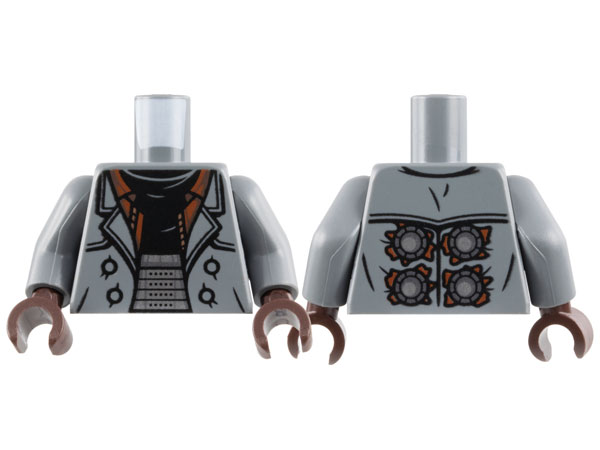 Torso Trench Coat Open with Reddish Brown Lining over Black Shirt, Silver Armor Belt, Circles on Back Pattern / Dark Bluish Gray Arms / Dark Brown Hands