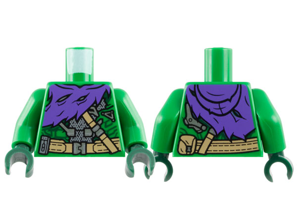 Torso Armor Suit with Dark Green Circuitry, Dark Purple Tattered Hoodie, Dark Tan Belts and Pouch, Silver Buckles Pattern / Green Arms / Dark Green Hands