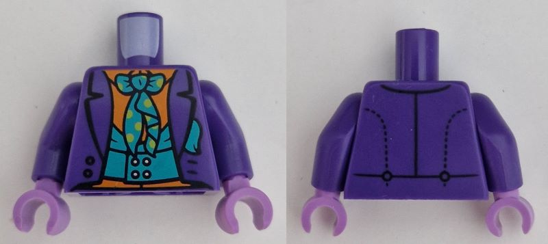 Torso Suit Jacket Open with Pocket Square over Dark Turquoise Vest and Orange Shirt, Tie with Lime Dots Pattern / Dark Purple Arms / Medium Lavender Hands