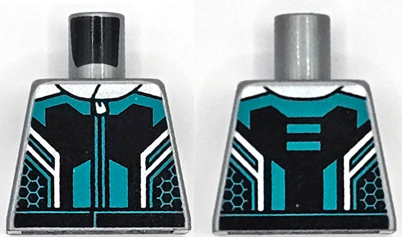 Torso Racing Suit Black Panels, Dark Turquoise Lines and Hem, Silver Collar and Zipper Pattern