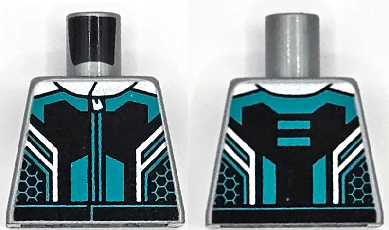 Torso Racing Suit Black Panels, Dark Turquoise Lines and Hem, Silver Collar and Zipper Pattern
