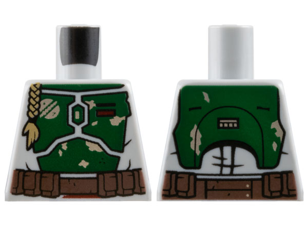 Torso SW Mandalorian Dark Green Armor, Belt, Braid, Silver Emblem and Battle Damage, Dark Red Rectangle Pattern