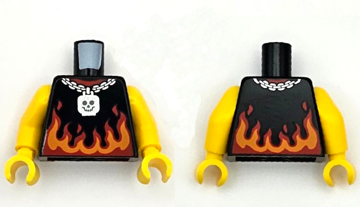 Torso Sleeveless Shirt with Red and Orange Flames and Silver Chain Necklace with Skeleton Head Pattern / Yellow Arms / Yellow Hands