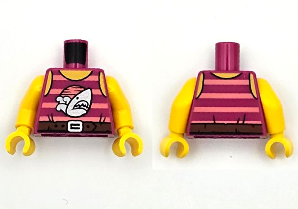 Torso Tank Top with Coral Stripes and Sun, Silver Shark, Reddish Brown Belt with Buckle, Yellow Neck and Shoulders Pattern / Yellow Arms / Yellow Hands