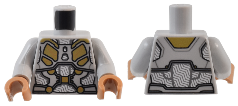 Torso Female Armor with Gold Plates over White Shirt with Dark Bluish Gray Stripes Pattern / Light Bluish Gray Arms / Medium Nougat Hands