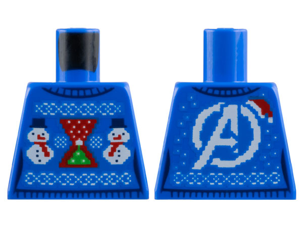 Torso Female Knit Fair Isle Holiday Sweater with Bright Green Tree on Red Black Widow Hourglass Logo, White Snowmen, Avengers Logo with Santa Hat on Back Pattern