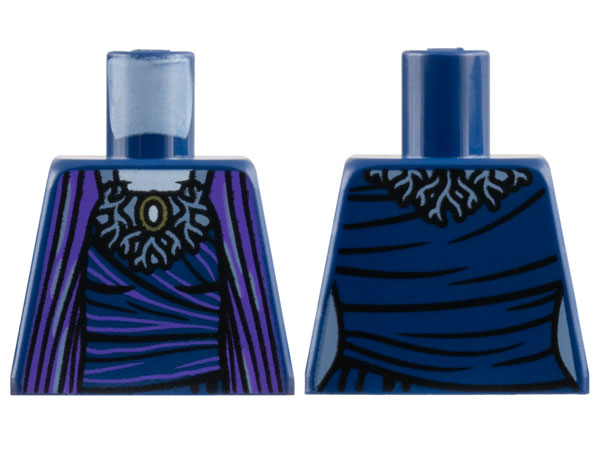 Torso Dark Purple Robe Open over Dress with Streaks and Light Bluish Gray Webbed Collar, Gold Brooch, White Neck Pattern