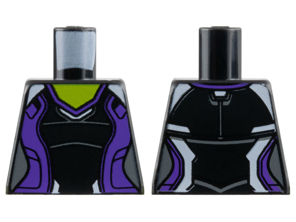 Torso Female Super Hero Costume with Dark Purple Side Panels and White Shoulders, Lime Neck Pattern