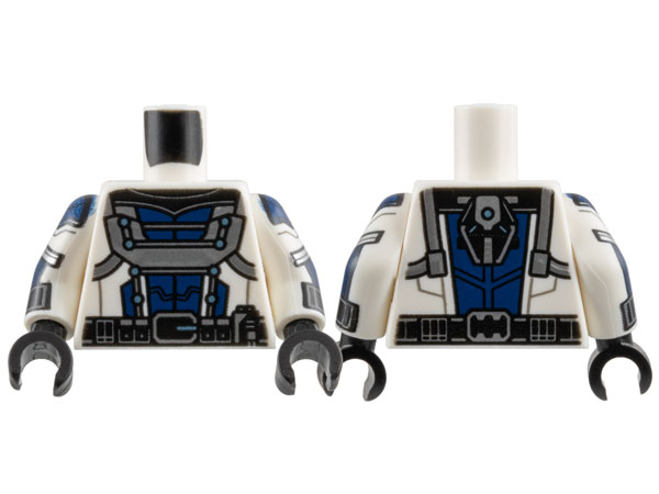 Torso Armor with Dark Blue Center Panel, Silver Trim, Black Collar, and Metallic Light Blue Dots, Utility Belt Pattern / White Arms with Black Cuffs, Dark Blue Armor, Metallic Light Blue Dots, and Silver Trim Pattern / Black Hands