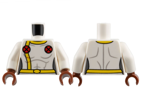 Torso Female Super Hero Costume with Yellow Collar, Stripe, and Belt, 2 Red Circles with X-Men Logo Pattern / White Arms / Reddish Brown Hands