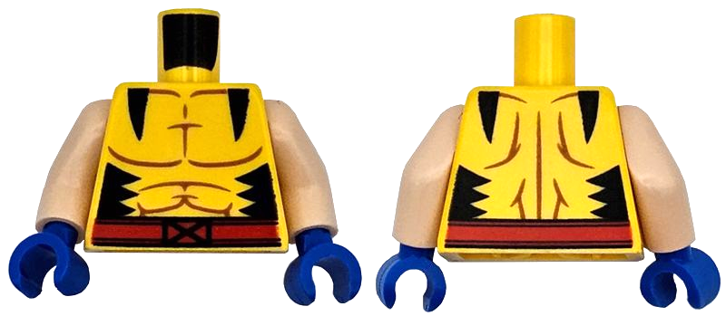 Torso Super Hero Costume with Reddish Brown Muscles Outline, Black Jagged Panels, Red Belt with X-Men Logo Buckle Pattern / Light Nougat Arms / Blue Hands