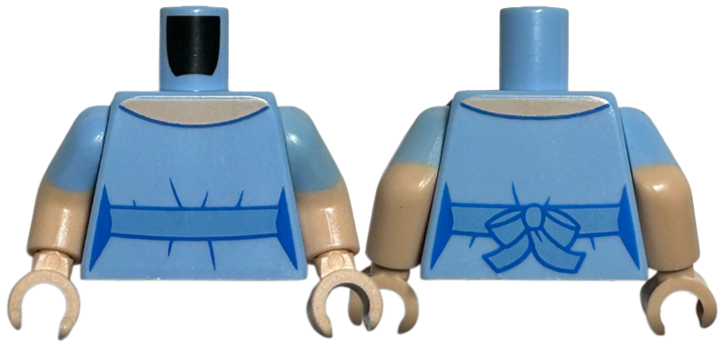 Torso Female Dress Top with Medium Blue Waistband with Bow on Back, Light Nougat Neck Pattern / Light Nougat Arms with Molded Bright Light Blue Short Sleeves Pattern / Light Nougat Hands