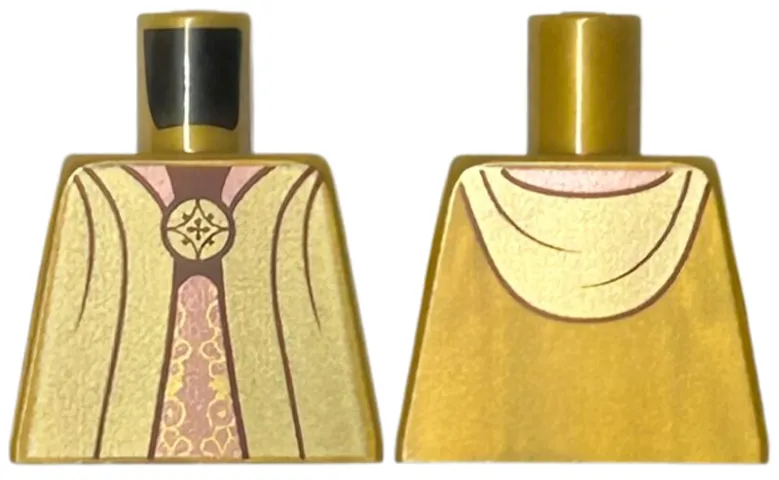 Torso Gold Robe Open with Copper Lining and Hood over Ornate Vertical Sash, Circle Brooch, Dark Brown Neck Pattern