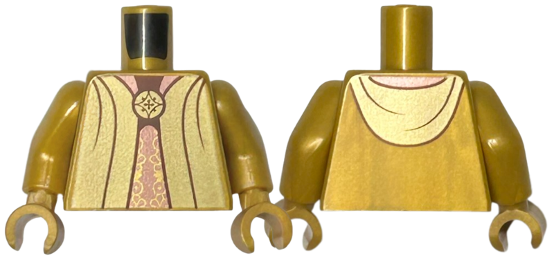 Torso Gold Robe Open with Copper Lining and Hood over Ornate Vertical Sash, Circle Brooch, Dark Brown Neck Pattern / Pearl Gold Arms / Pearl Gold Hands