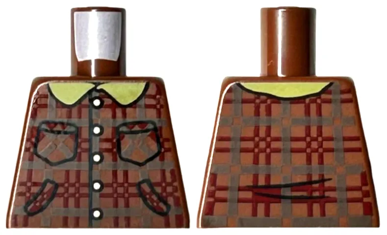 Torso Plaid Jacket with Dark Brown and Dark Red Lines, Silver Buttons, Yellow Collar, and Pockets Pattern
