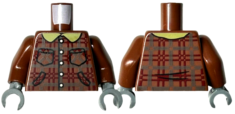Torso Plaid Jacket with Dark Brown and Dark Red Lines, Silver Buttons, Yellow Collar, and Pockets Pattern / Reddish Brown Arms / Dark Bluish Gray Hands