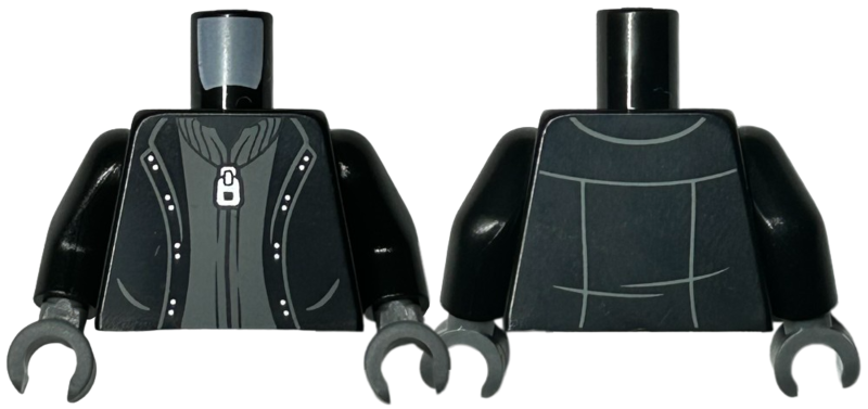 Torso Jacket Open over Dark Bluish Gray Cardigan Sweater with Silver Zipper Pattern / Black Arms / Dark Bluish Gray Hands