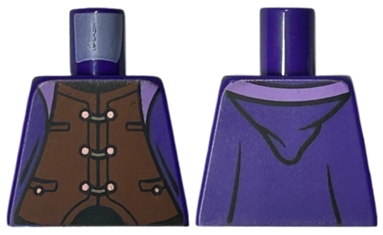 Torso Robe Open with Lavender Lining over Reddish Brown Vest with Pockets and Copper Buttons, Black Neck and Waist Pattern