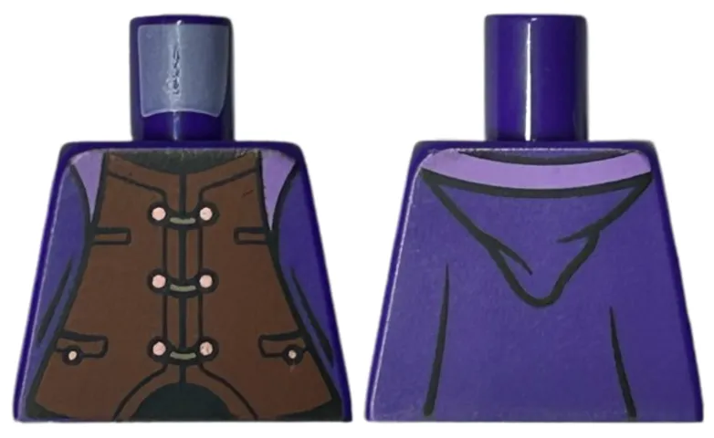Torso Robe Open with Lavender Lining over Reddish Brown Vest with Pockets and Copper Buttons, Black Neck and Waist Pattern