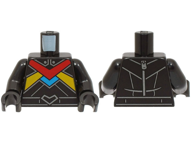 Torso Racing Suit with Red, Dark Azure and Bright Light Orange Stripes, Dark Silver Lines and Zipper on Back Pattern / Black Arms / Black Hands