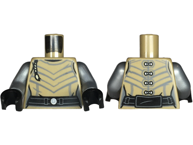 Torso Female SW Leather Armor with Dark Bluish Gray Chevron Lines, Tan Hair Braid, Black Belt with Silver Buckle, Clasps on Back Pattern / Flat Silver Arms / Black Hands