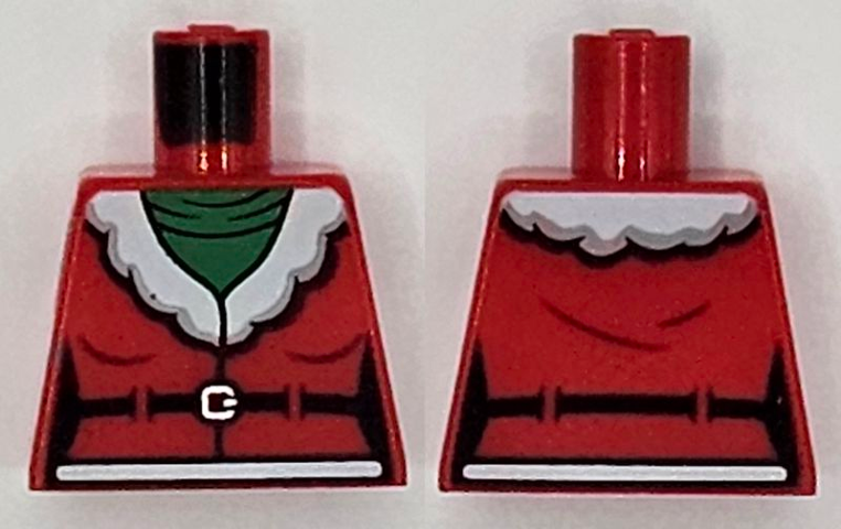 Torso Female Santa Jacket with White Fur Collar over Green Turtleneck Sweater, Black Belt, Silver Buckle Pattern