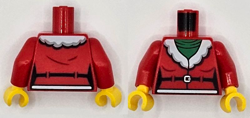 Torso Female Santa Jacket with White Fur Collar over Green Turtleneck Sweater, Black Belt, Silver Buckle Pattern / Red Arms / Yellow Hands