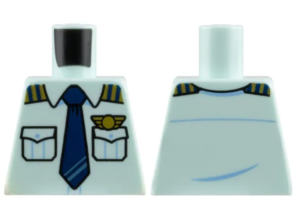 Torso Pilot Uniform Shirt with Pockets and Epaulettes, Dark Blue Tie, Gold Wings Badge Pattern