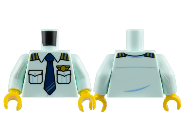 Torso Pilot Uniform Shirt with Pockets and Epaulettes, Dark Blue Tie, Gold Wings Badge Pattern / Light Aqua Arms / Yellow Hands