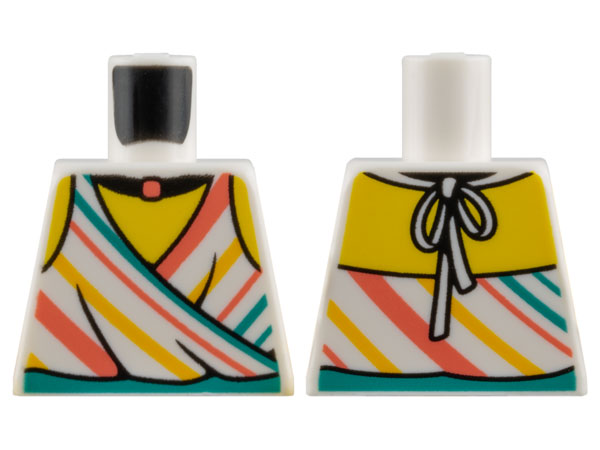 Torso Halter Top with Bright Light Orange, Coral, and Dark Turquoise Diagonal Stripes, Black Choker Necklace, Yellow Neck and Shoulders Pattern